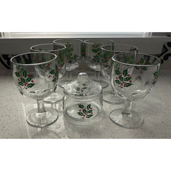 Vintage Bartlett-Collins Thumbprint Holly Pattern Goblets Set of 6 Mid Century - Picture 1 of 4
